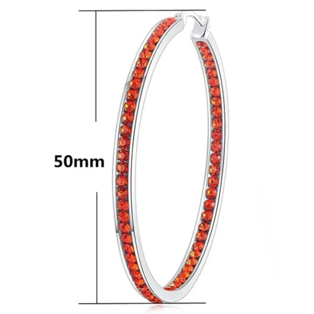 14K White Gold with Ruby Red Cubic Zirconia Big Hoop Latch Back Earrings